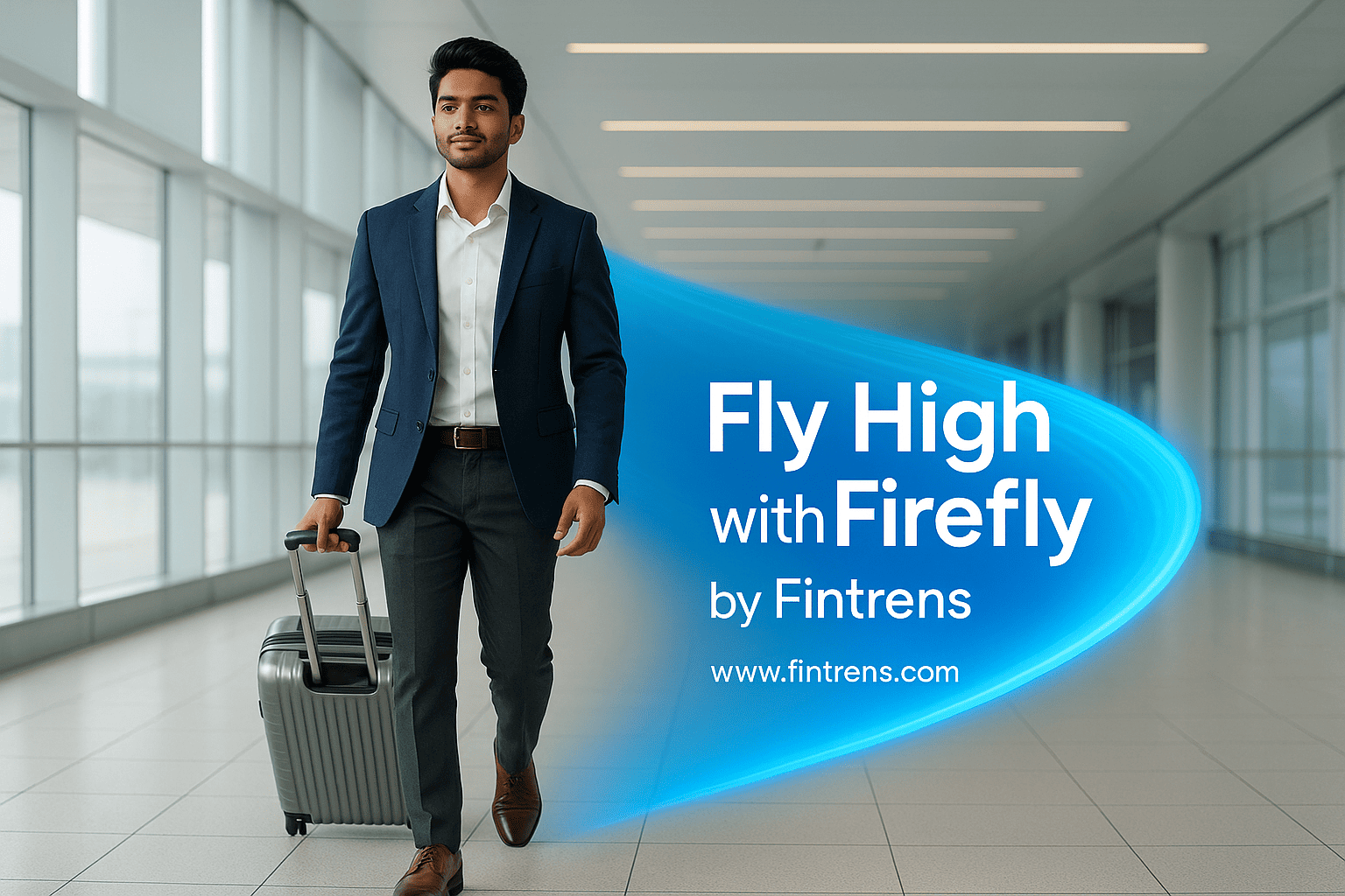 Confident young Indian man pulling trolley bag in premium airport with blue trail reading ‘Fly High with Firefly by Fintrens’ — www.fintrens.com