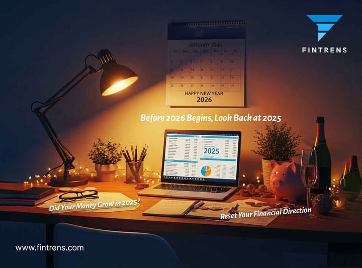 Desk setup with 2025 financial report on a laptop and a January 2026 calendar, featuring Fintrens branding and a message about reviewing finances for 2026.  