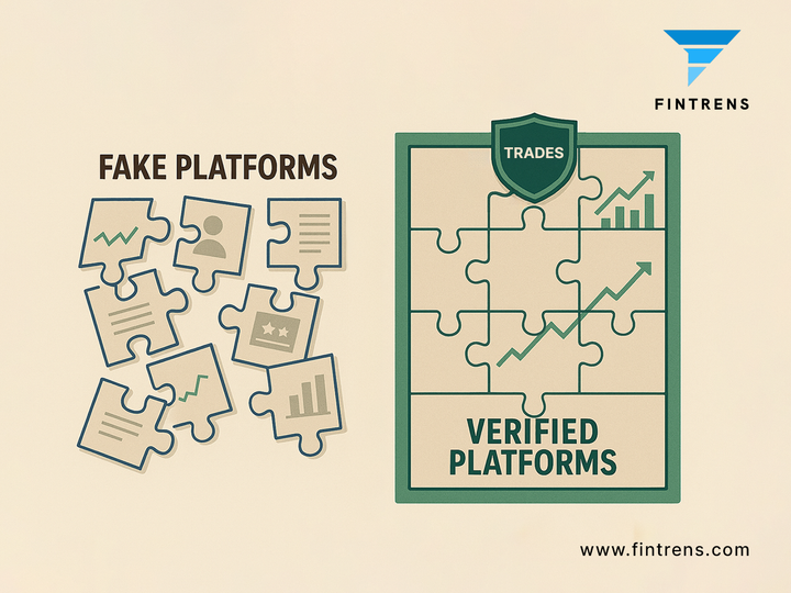Fintrens illustration showing fake platforms as scattered puzzle pieces and verified platforms as a complete, trades-verified performance puzzle.