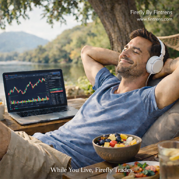 Man relaxing by a lakeside with headphones; laptop shows trading charts. “Firefly By Fintrens” (www.fintrens.com). “While You Live, Firefly Trades.”