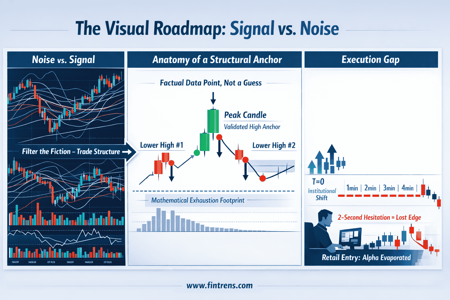 Fintrens infographic “Signal vs. Noise” shows noisy charts vs market structure, structural anchors, and an execution gap where hesitation wipes out alpha.