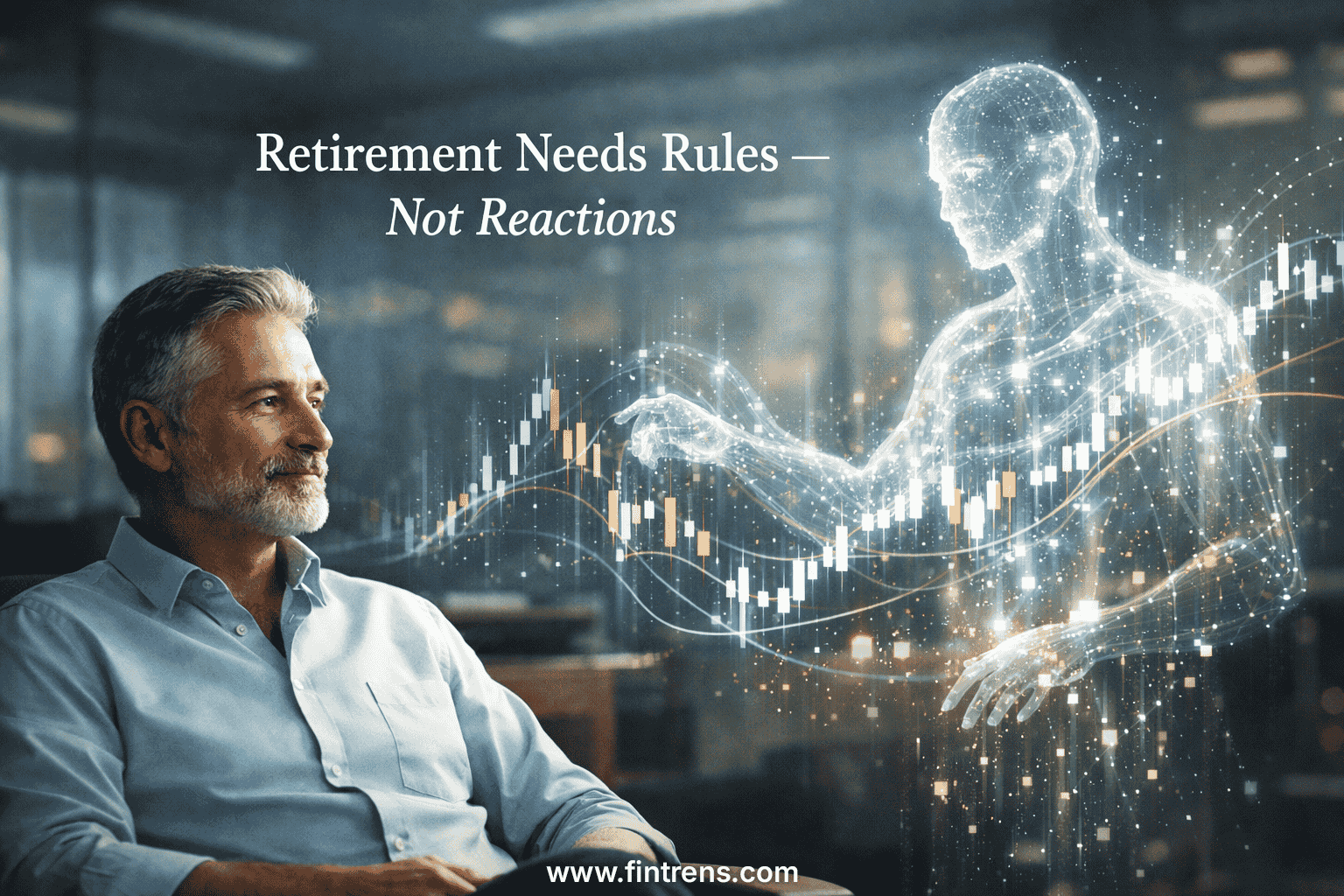 “An older man watching a glowing digital figure with market charts. Text: ‘Retirement Needs Rules — Not Reactions.’ Fintrens.”