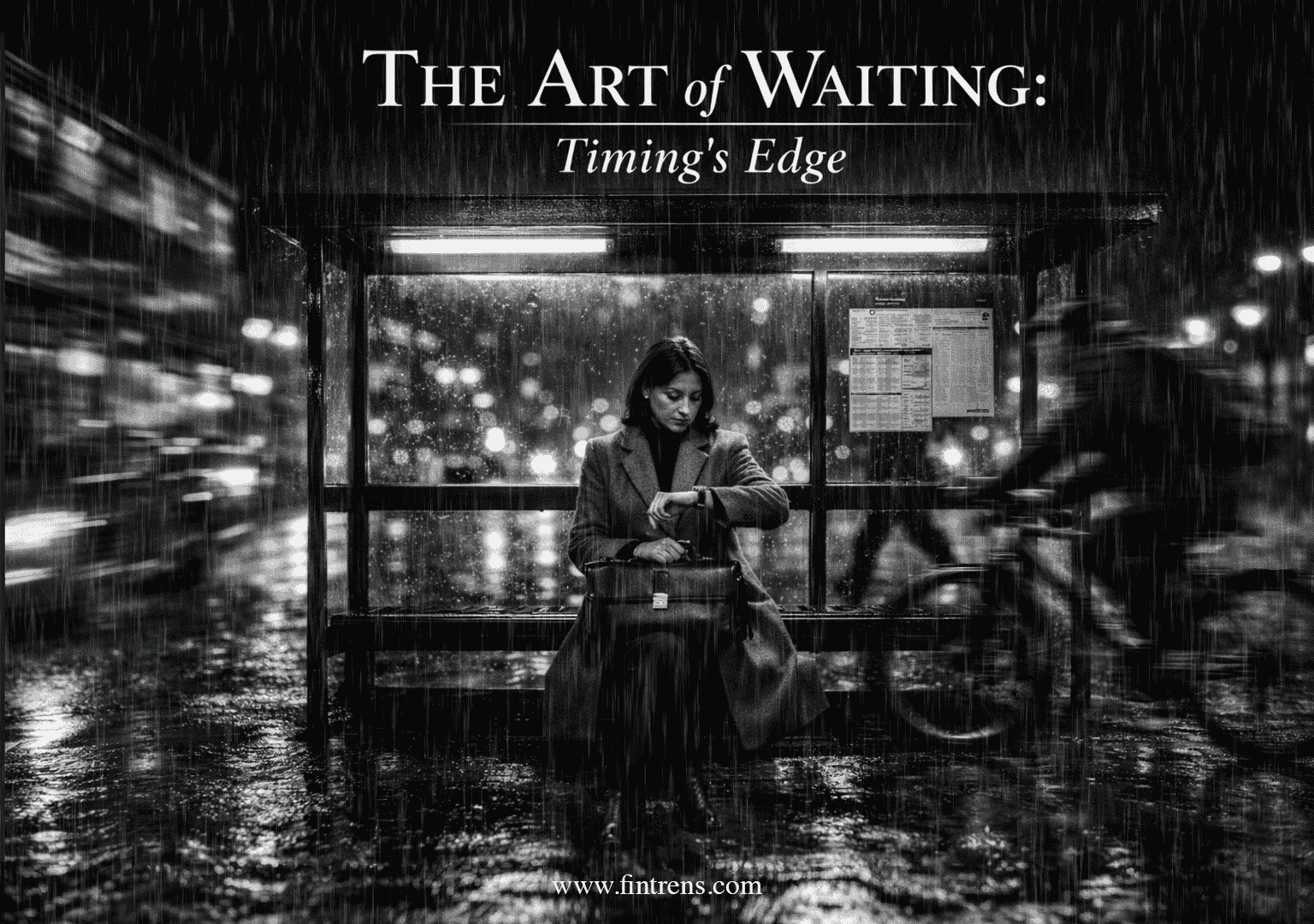 Woman at a rainy night bus stop checks her watch as blurred traffic speeds by; text reads “The Art of Waiting: Timing’s Edge” and “www.fintrens.com.”