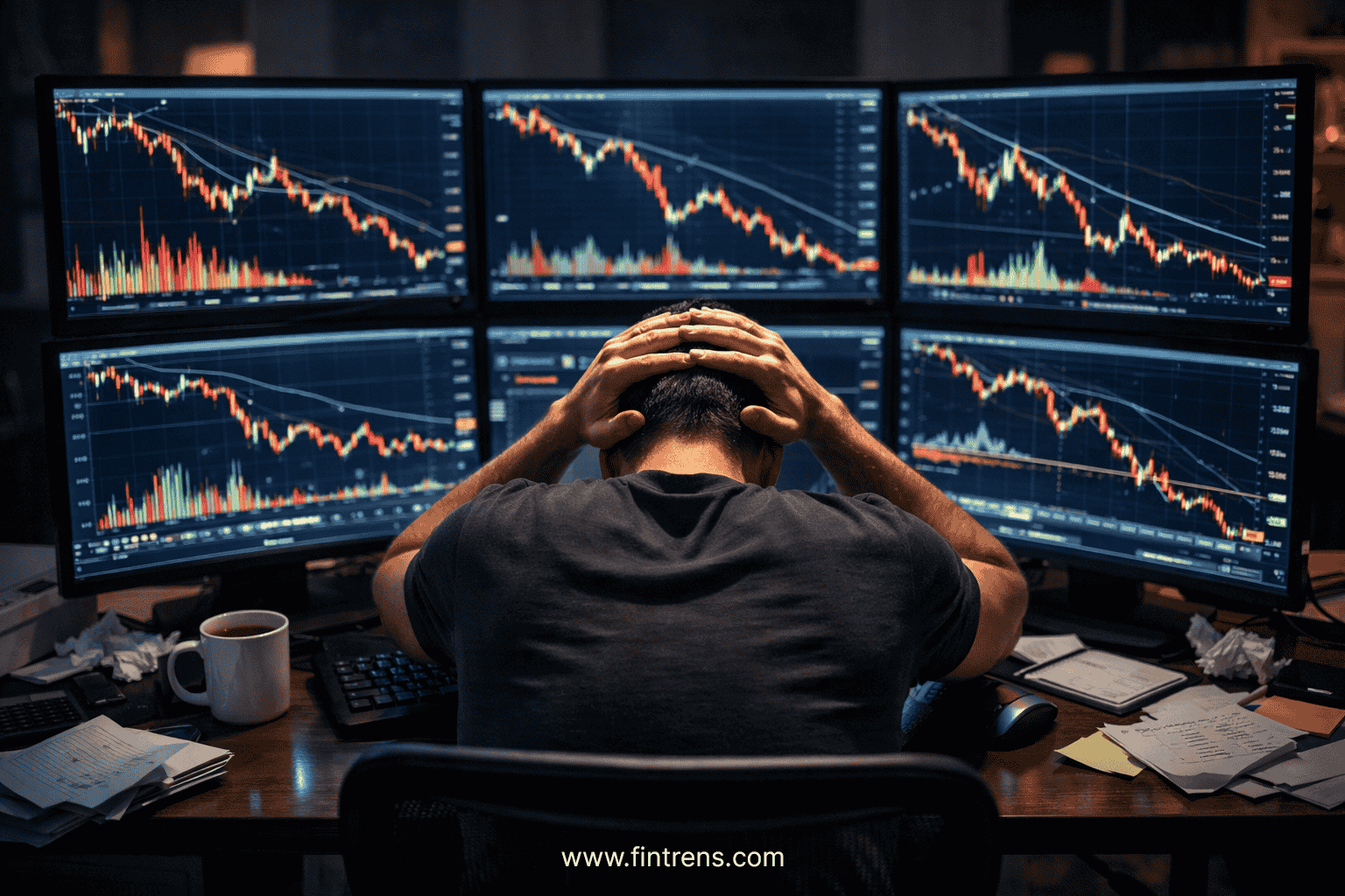 Stressed trader at desk, hands on head, facing multiple screens with falling stock charts and red candles—showing losses and emotional pressure in manual trading. www.fintrens.com