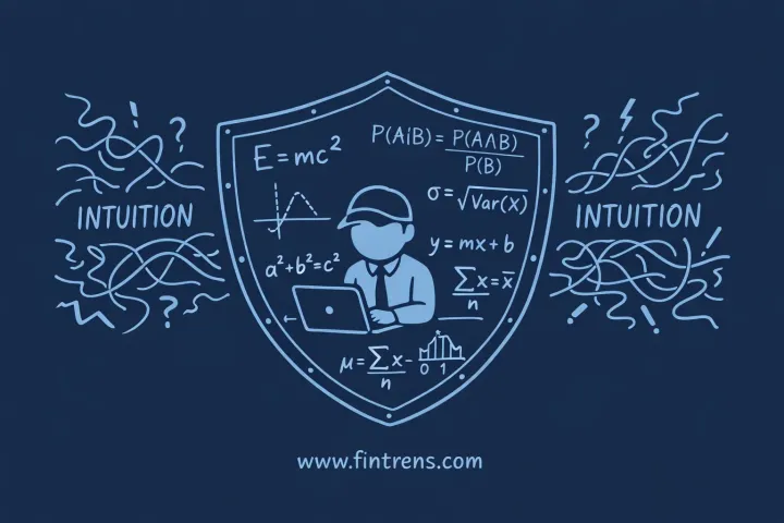 Data analyst on a laptop inside a shield with math formulas; chaotic “Intuition” lines outside. fintrens.com at the bottom on a dark blue background.